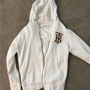 Burberry Cream Zip-Up Hoodie with Gold TB Monogram